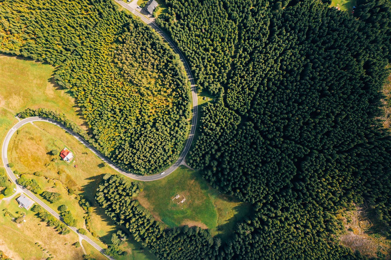 Drone shot capturing winding road through dense forest in Malá Úpa, Czechia.